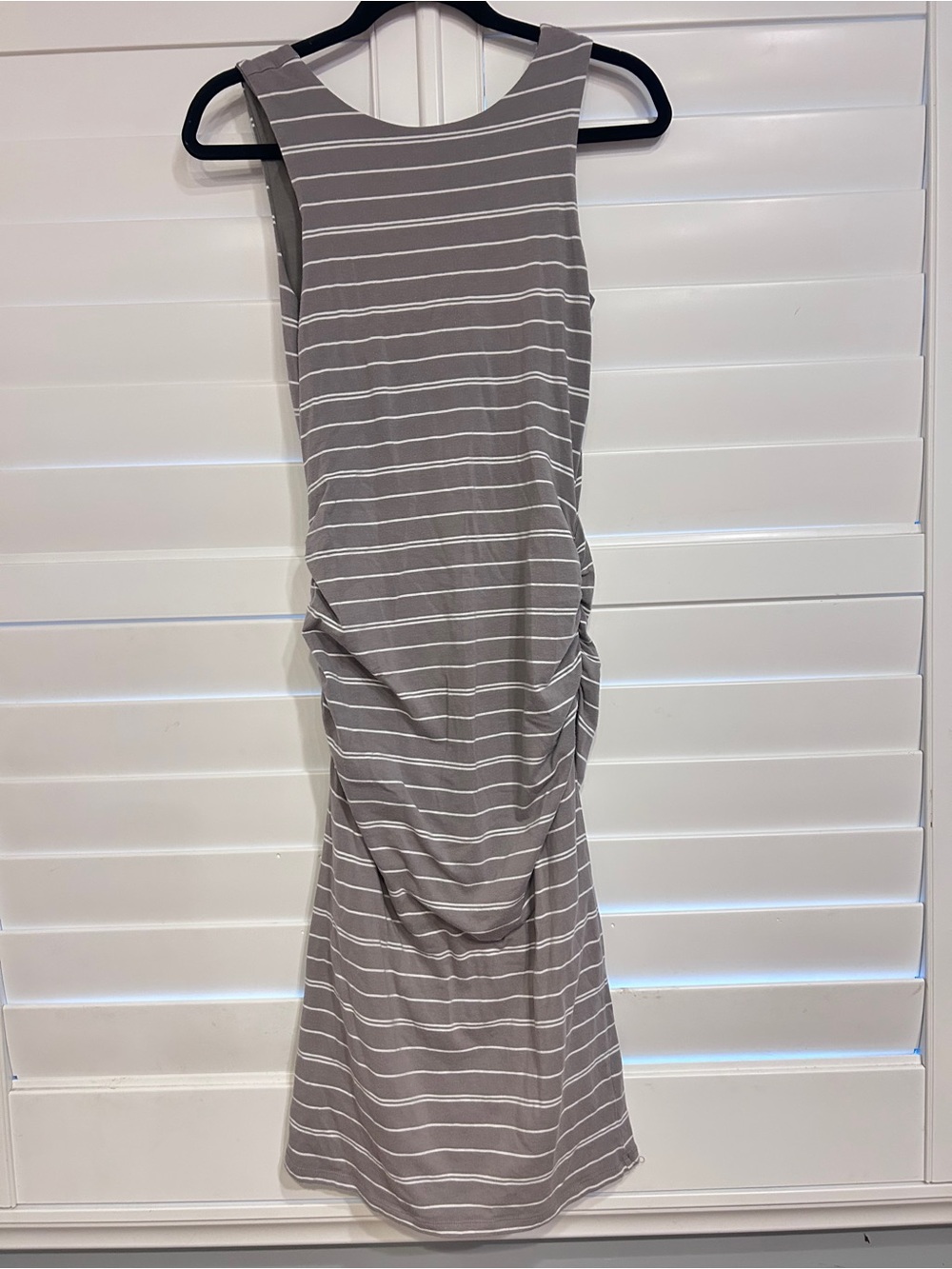 Athleta Sleeveless Striped Ruched Crewneck Knit Dress Grey White Size Small